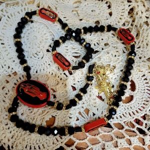 Santa Muerte Rosary Black crystal beads Rosario 10mm 2 sided Shiny